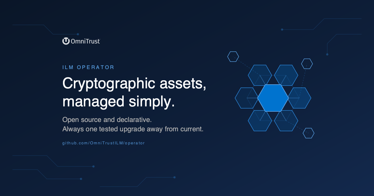 Cover image with the headline Cryptographic assets, managed simply, and a cluster of connected glowing hexagons on a navy background
